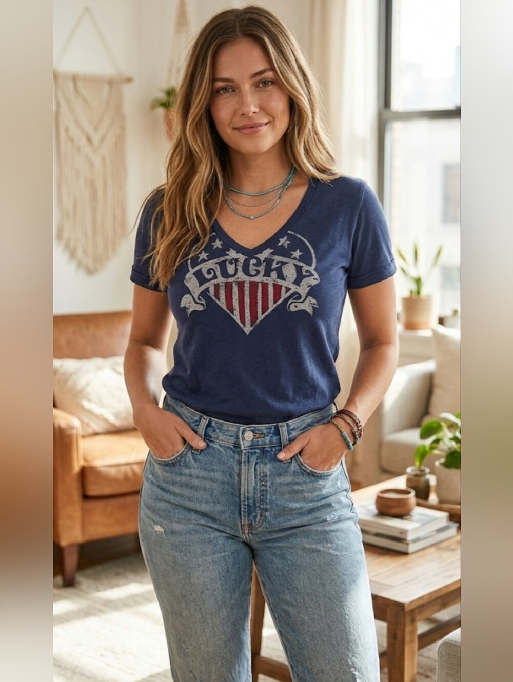 💙 Lucky Brand Blue Patriotic Heart Graphic Tee | Size XL | V-Neck